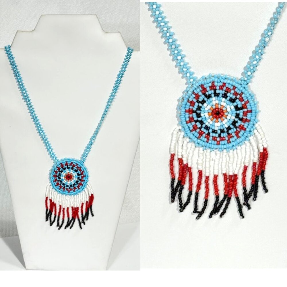22" blue beaded Huichol pendant necklace.